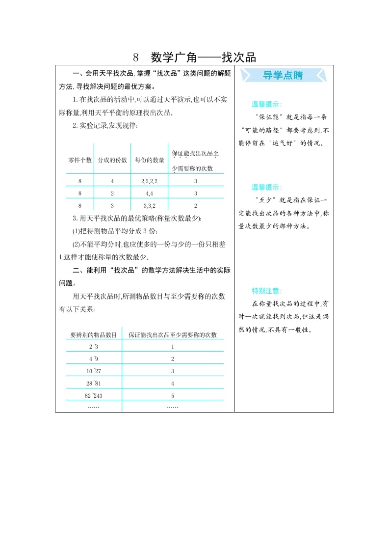 五年级数学下册8广角–找次品-学习资料站