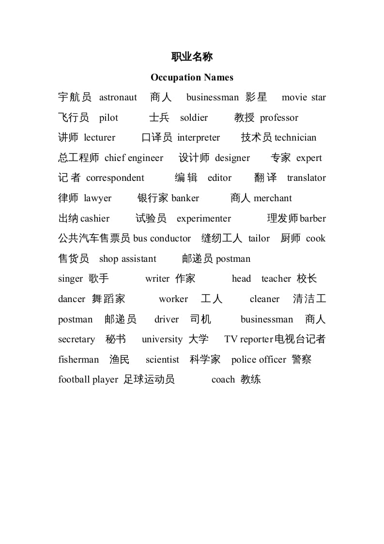 六年级英语上册常见职业名称（人教版PEP）-学习资料站