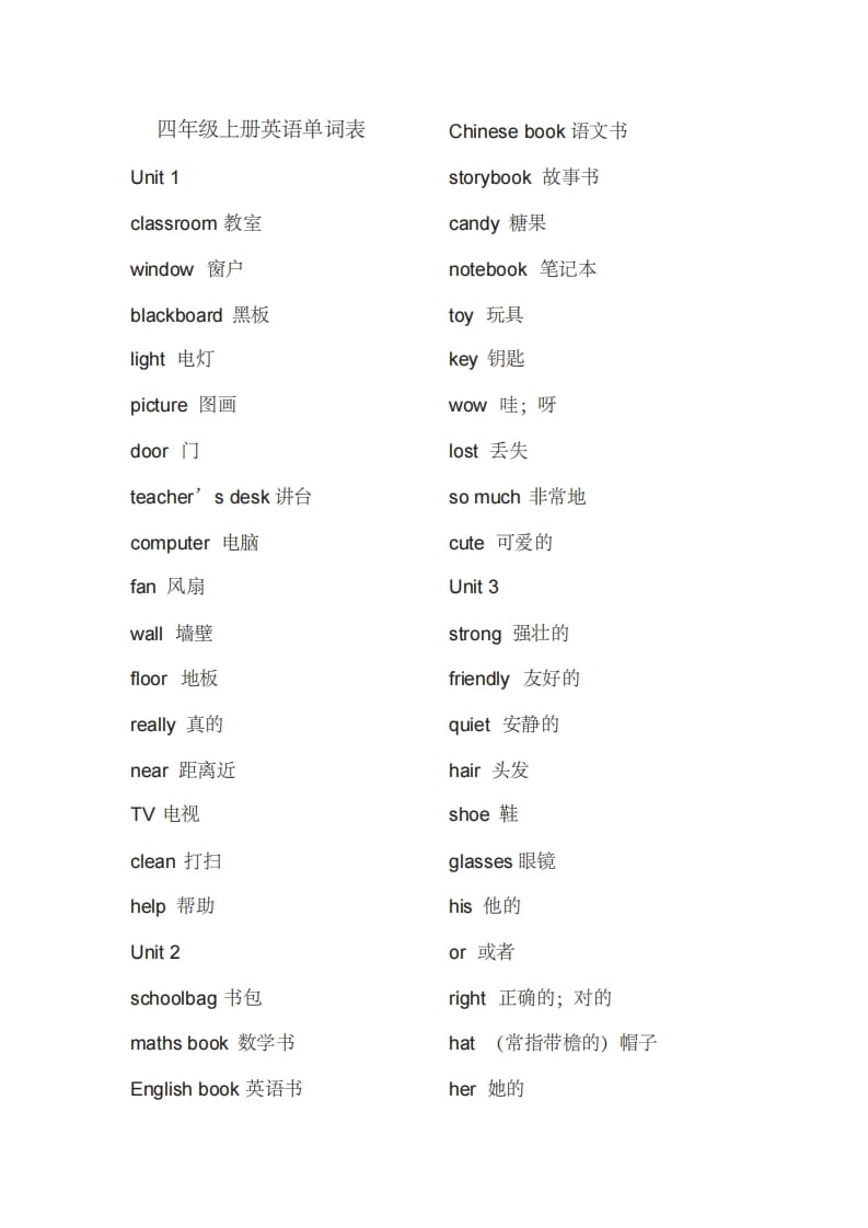 四年级英语上册单词表（人教PEP）-学习资料站