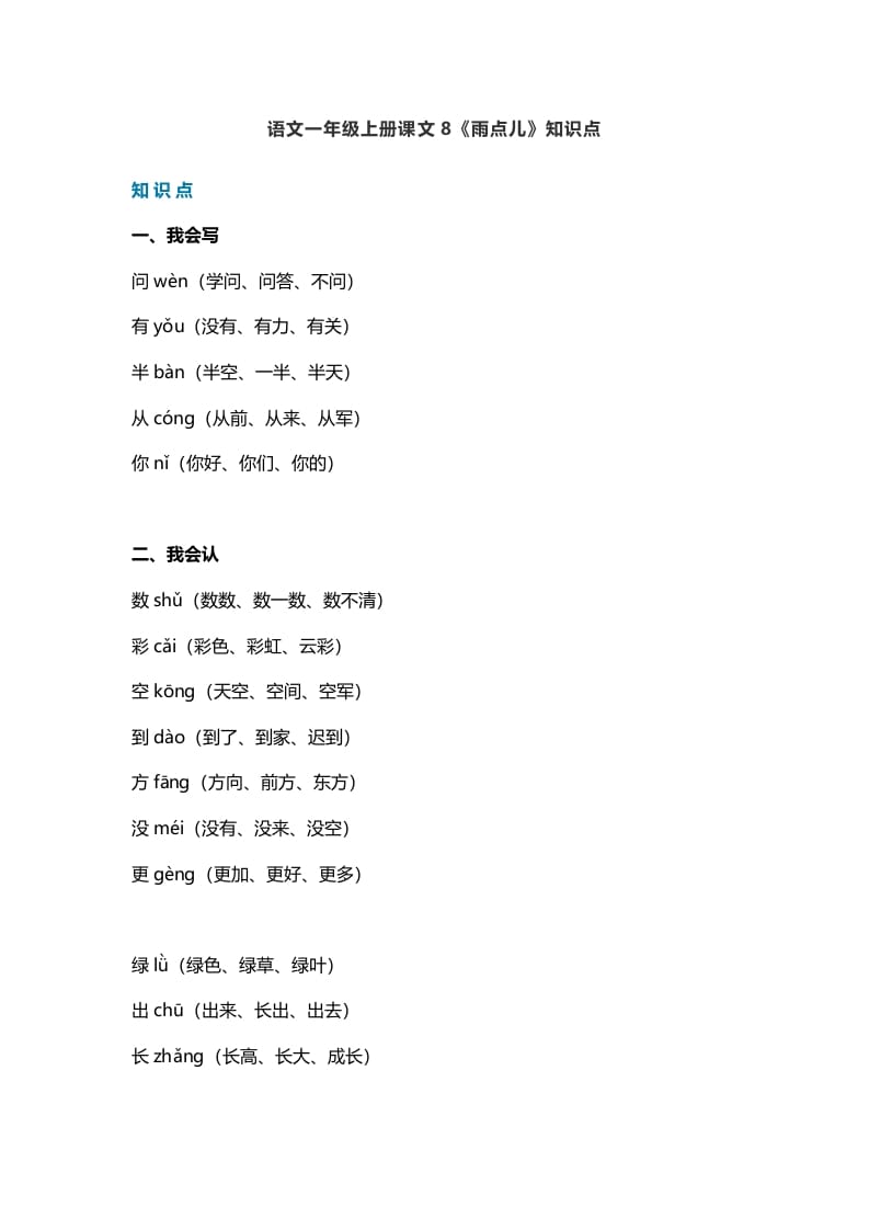 一年级语文上册31课文8《雨点儿》知识点（部编版）-学习资料站
