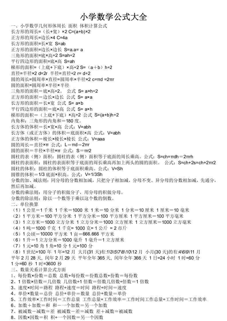 六年级数学下册小学公式大全-学习资料站