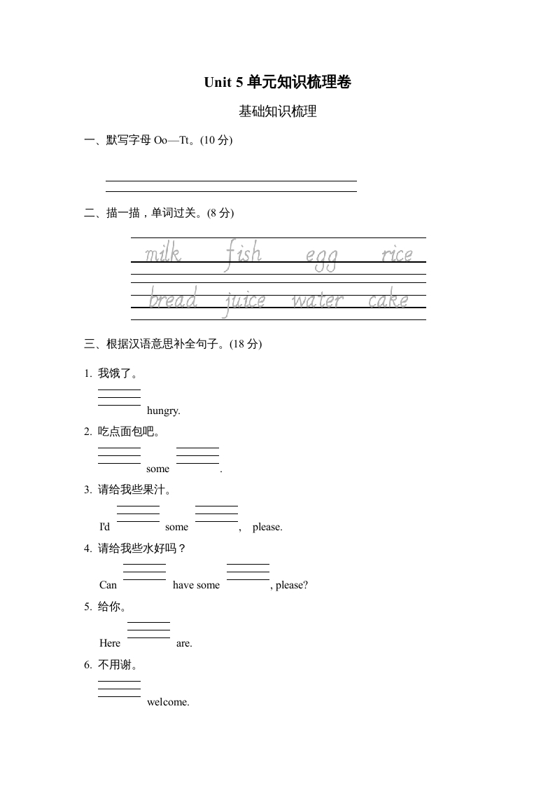 三年级英语上册Unit5单元知识梳理卷（人教PEP）-学习资料站