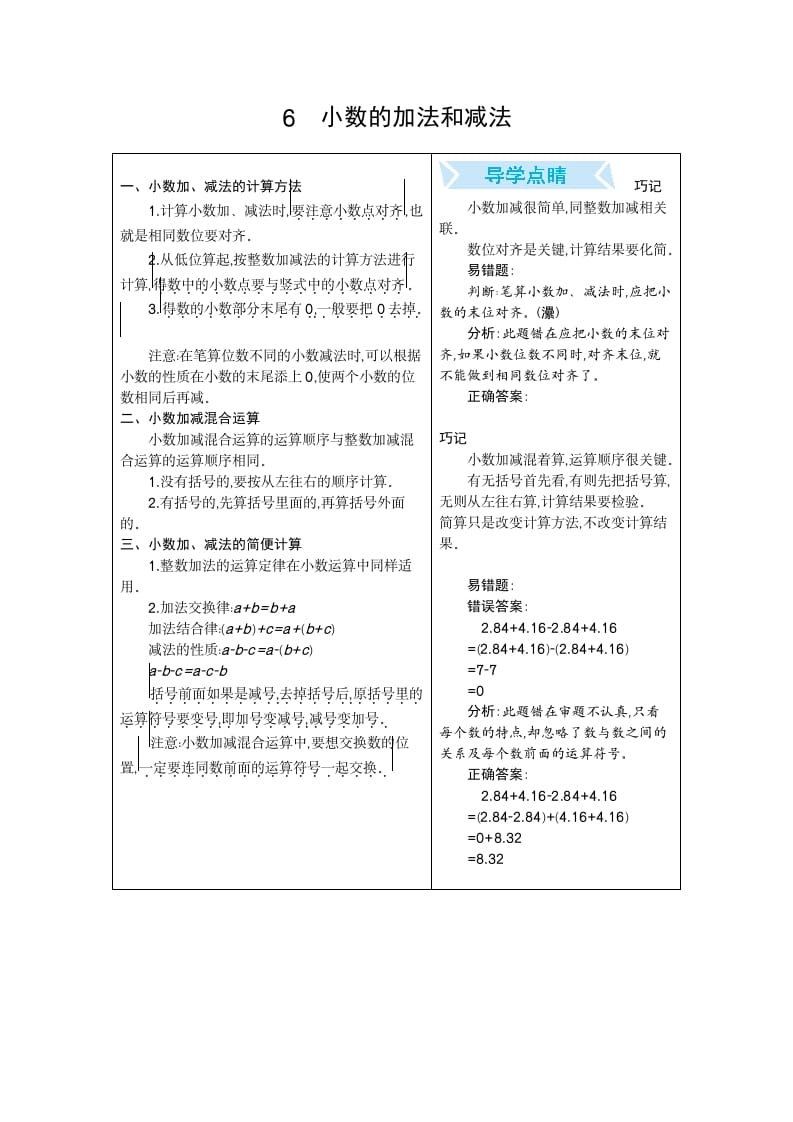 四年级数学下册6.小数的加法和减法-学习资料站