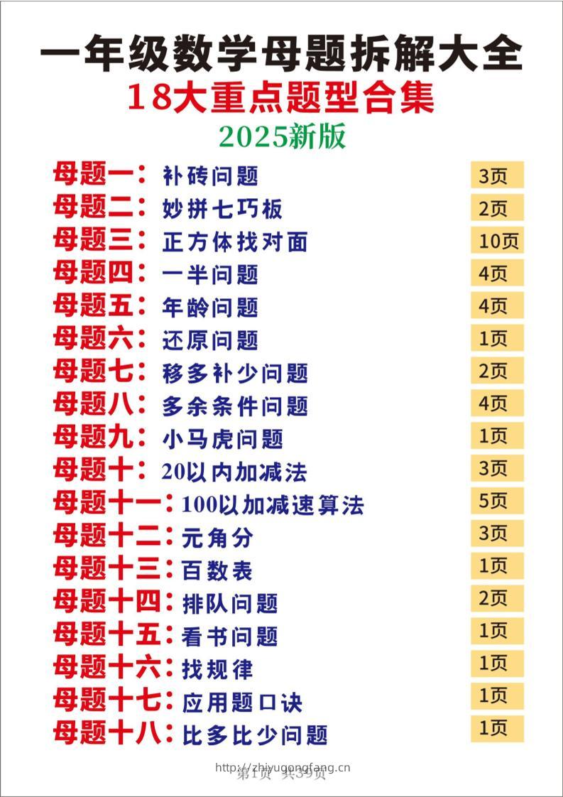 25一年级下册数学十八大母题重点题型39页-学习资料站