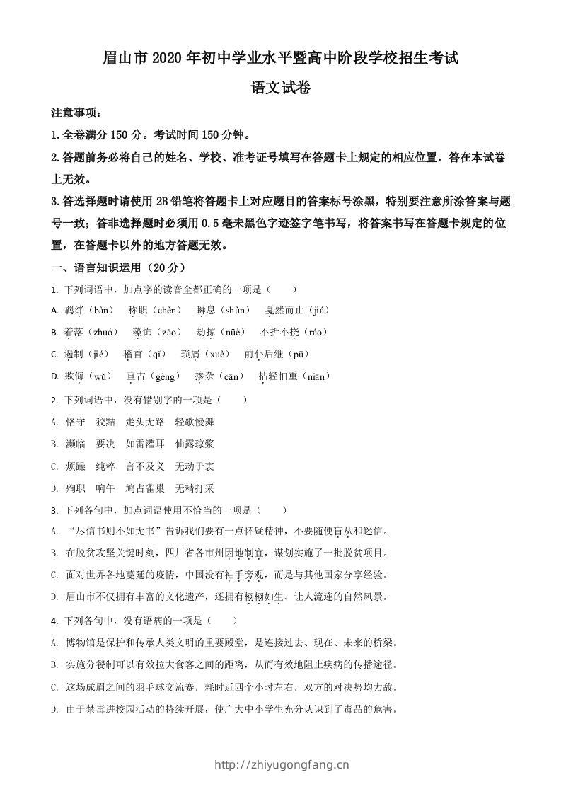 四川省眉山市2020年中考语文试题（空白卷）-学习资料站