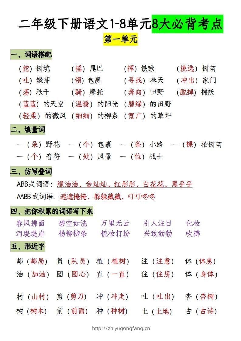 二下册语文1-8单元8大考点必背（1-4单元）(1)-学习资料站