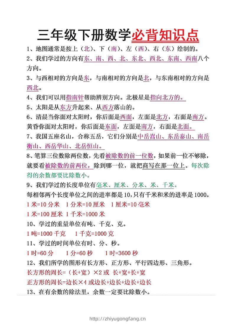 三下数学必背26个重点知识-学习资料站