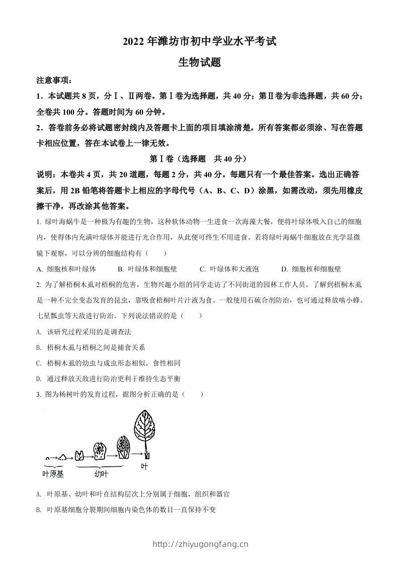 2022年山东省潍坊市中考生物真题（空白卷）-学习资料站