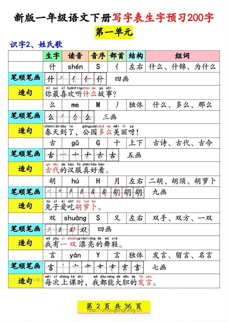 图片[2]-【预习】新版一年级语文下册写字表生字预习200字-学习资料站