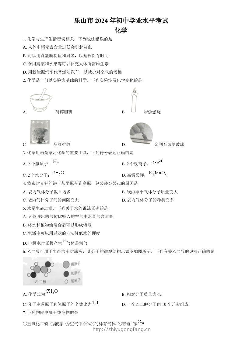 2024年四川省乐山市中考化学真题（空白卷）-学习资料站