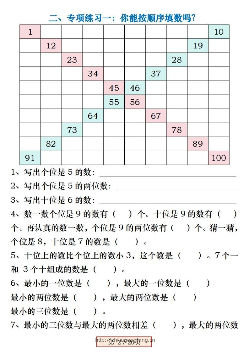图片[2]-一下数学《百数表》易错专项练习强化训练（含答案20页）-学习资料站