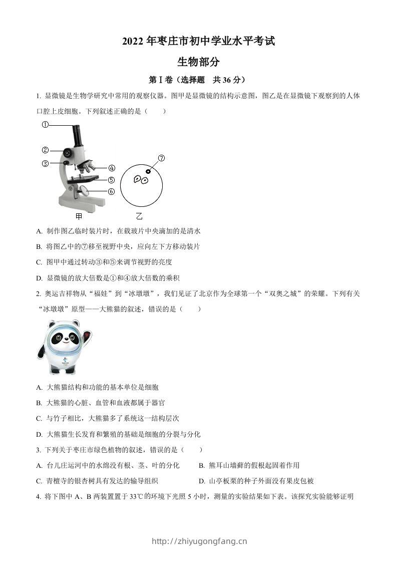 2022年山东省枣庄市中考生物真题（空白卷）-学习资料站