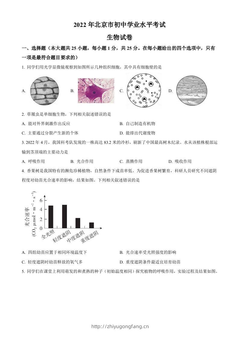 2022年北京市中考生物真题（空白卷）-学习资料站