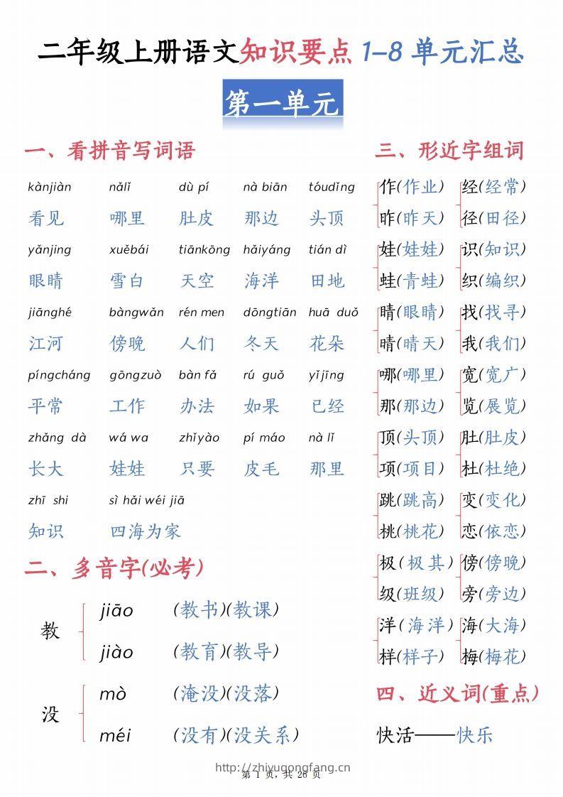 【1-8单元汇总知识要点（26页）】二上语文-学习资料站