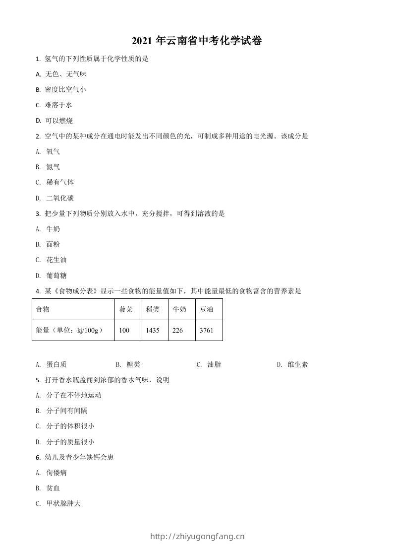 云南省2021年中考化学试题（空白卷）-学习资料站