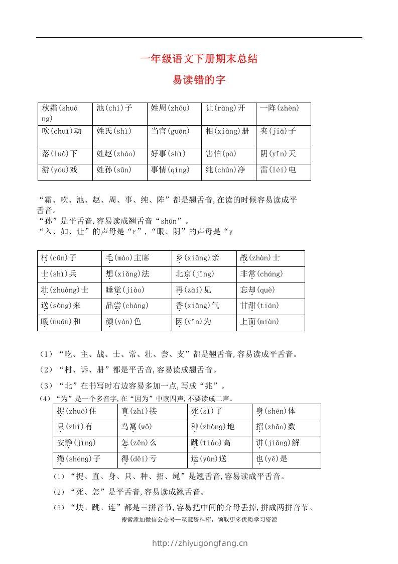 一年级语文下册期末总结—易读（写）错的字-学习资料站
