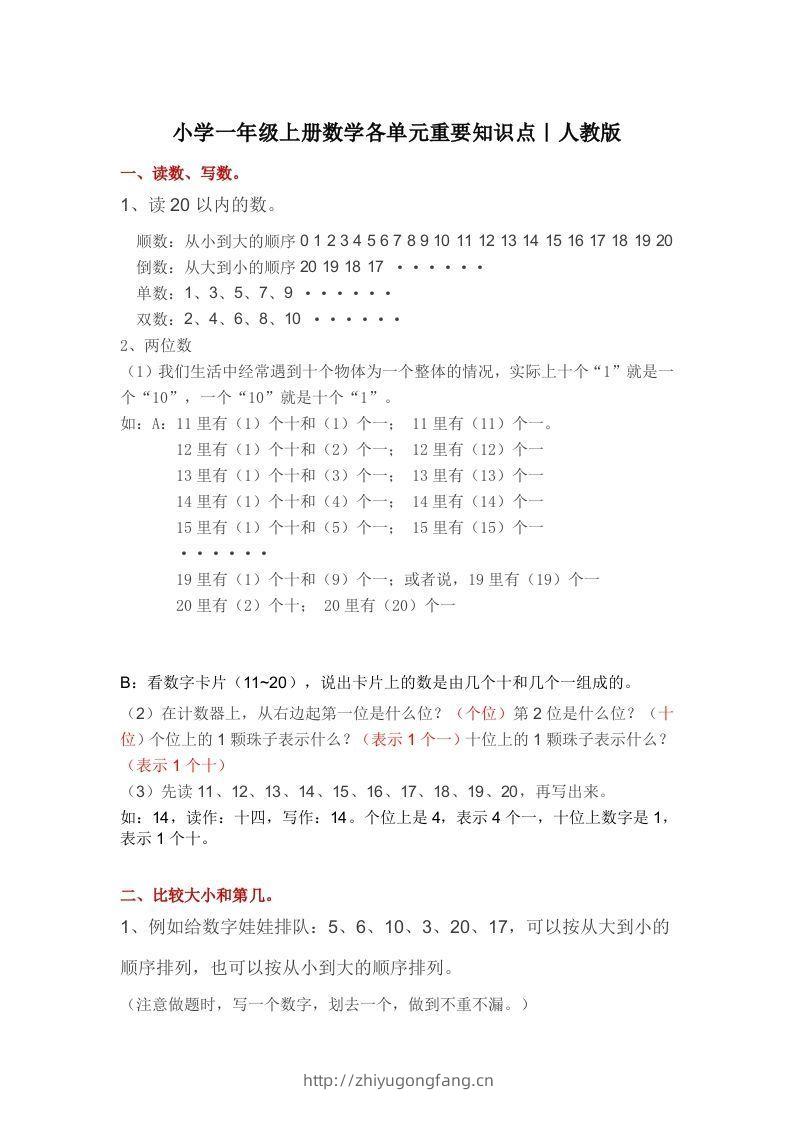 人教版一年级数学上册概念知识点整理-学习资料站