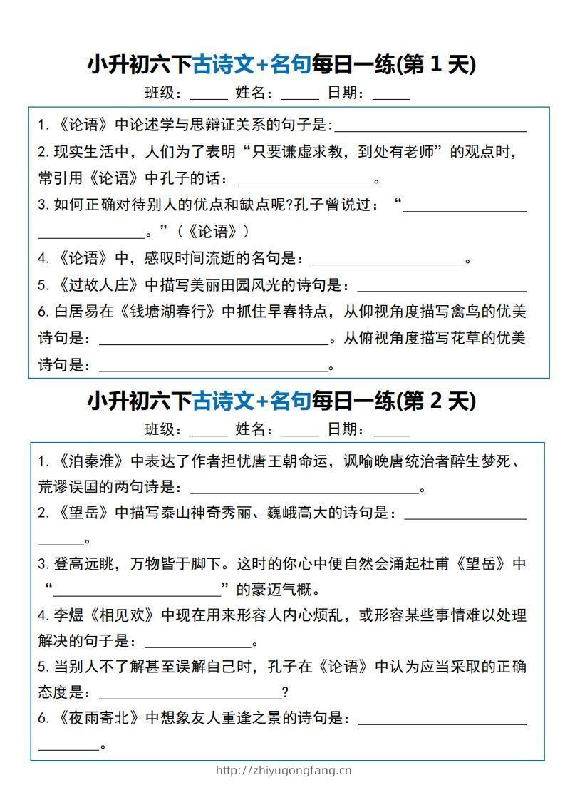 小升初六下语文古诗文+名句每日一练20天（20页）-学习资料站