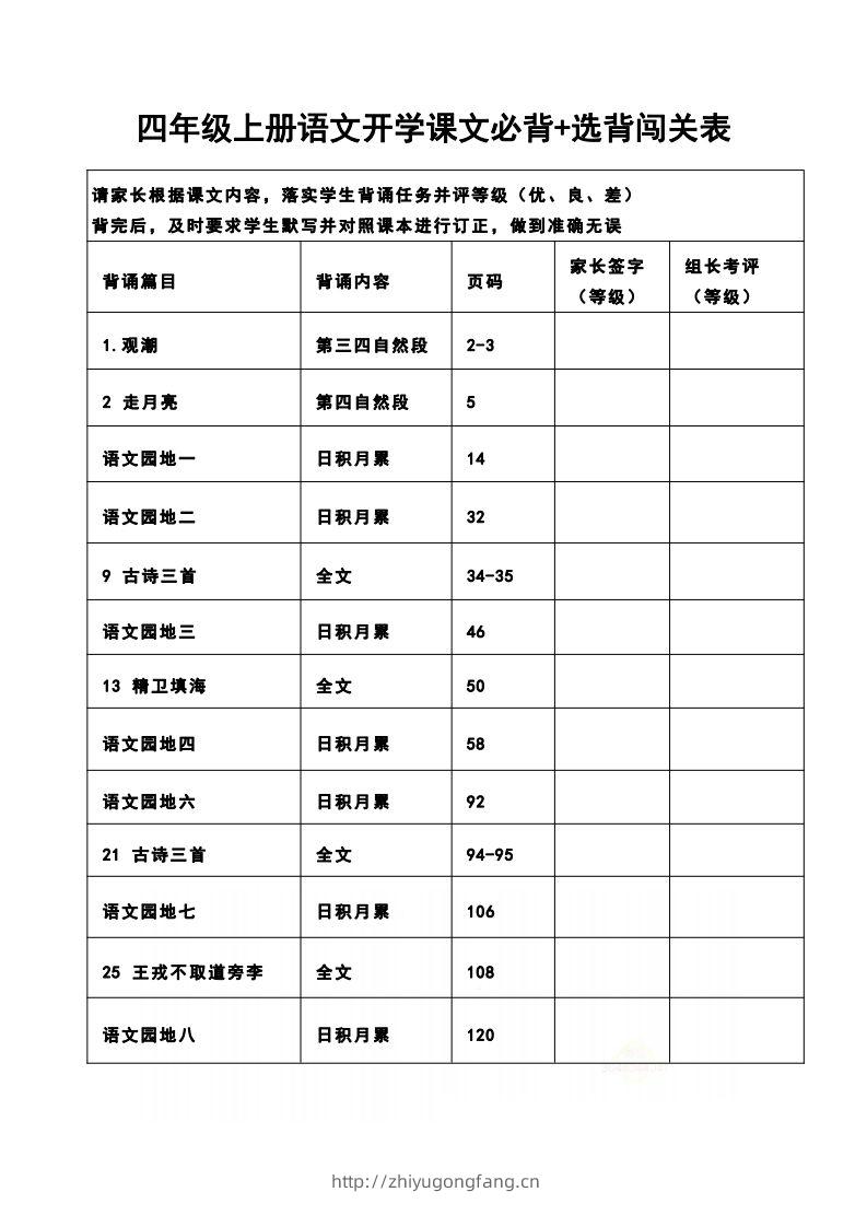 四（上）语文开学课文必背+选背闯关表-学习资料站