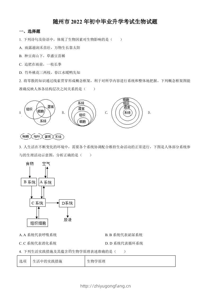 2022年湖北省随州市中考生物真题（空白卷）-学习资料站