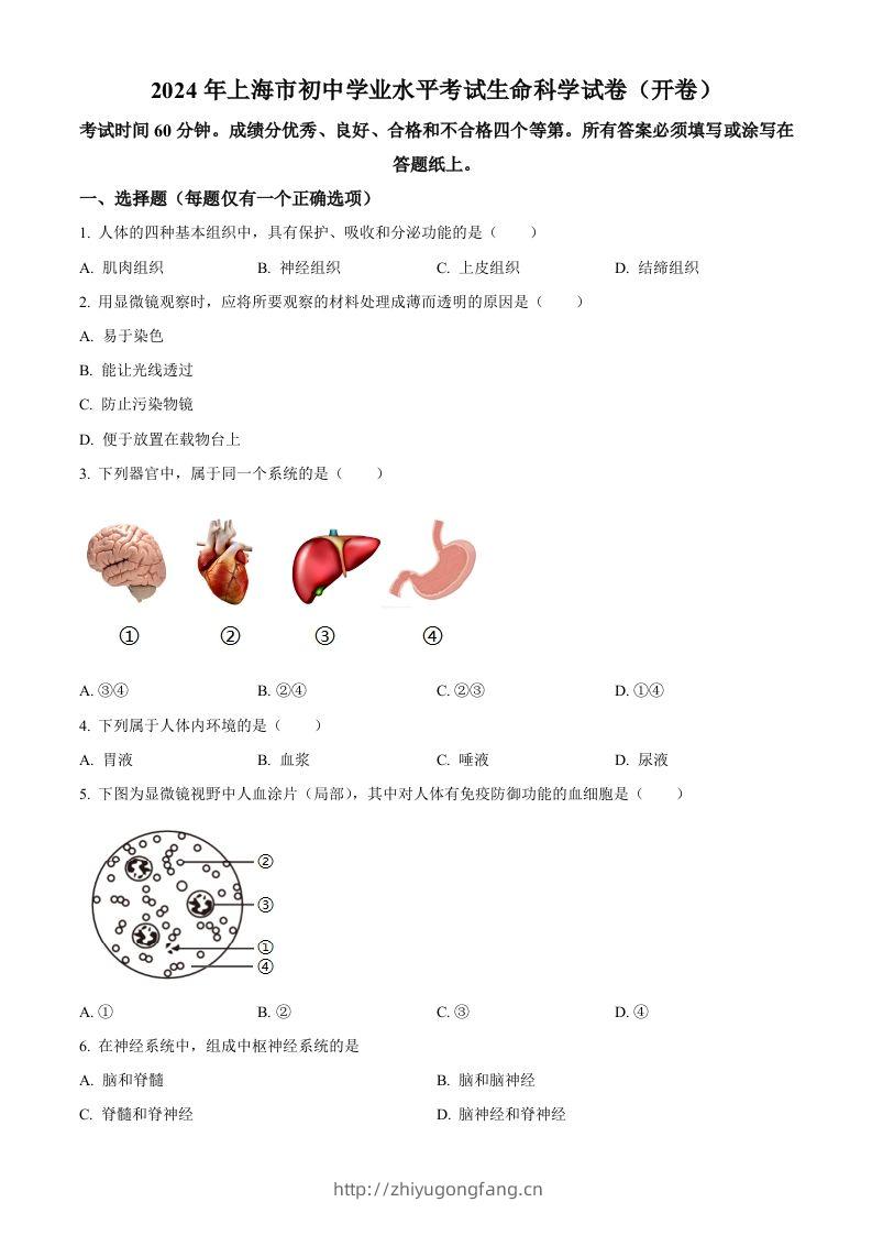 2024年上海市中考生物试题（空白卷）-学习资料站