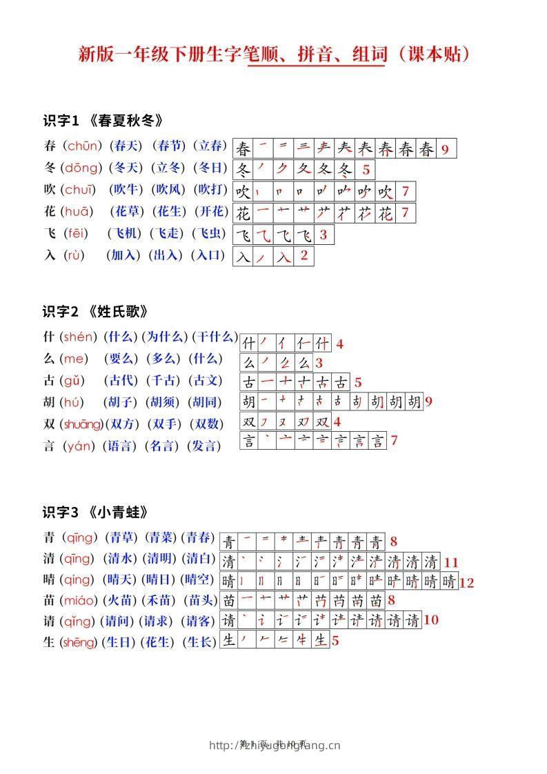 新版一下语文生字笔顺拼音组词（课课贴课本贴）10页-学习资料站