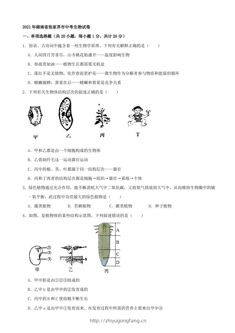 2021年湖南省张家界市中考生物试卷（word，含答案）-学习资料站