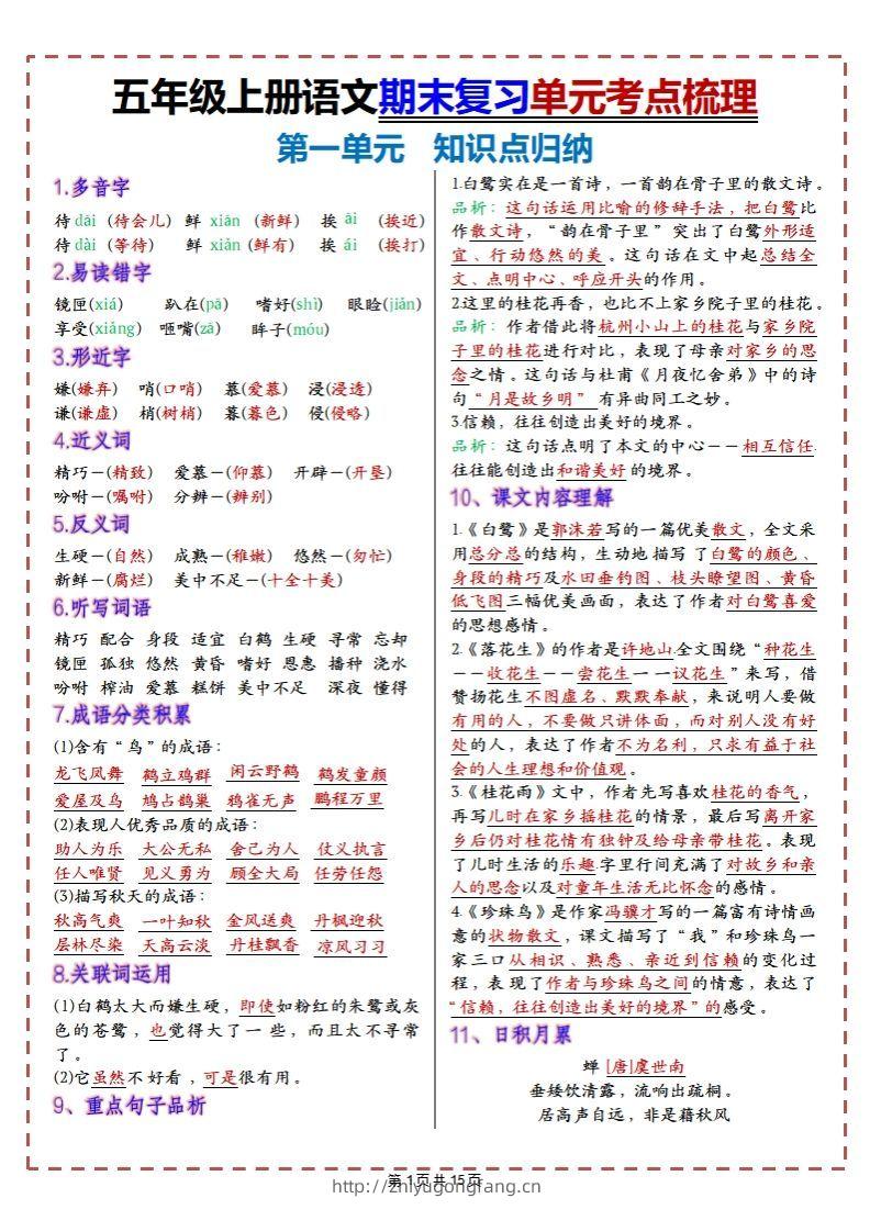 【期末复习1-8单元考点梳理】五上语文-学习资料站