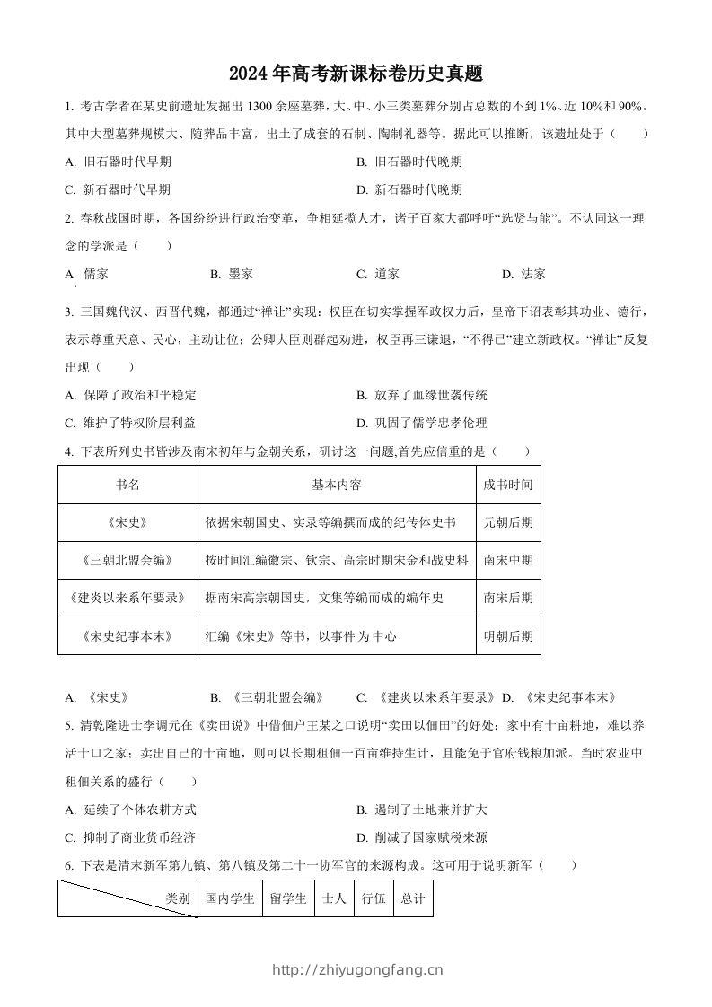 2024年高考历史试卷（新课标）（空白卷）-学习资料站