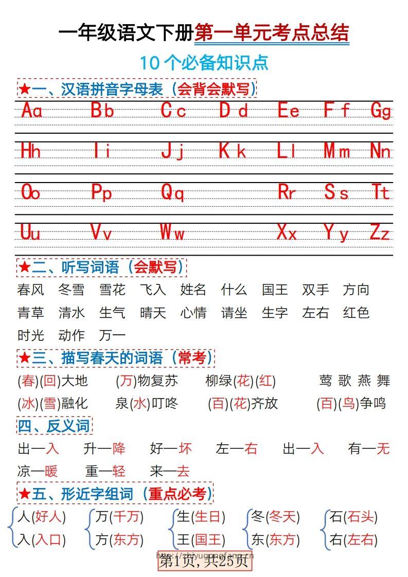 ★3.7一年级语文下册1-4单元考点总结-学习资料站