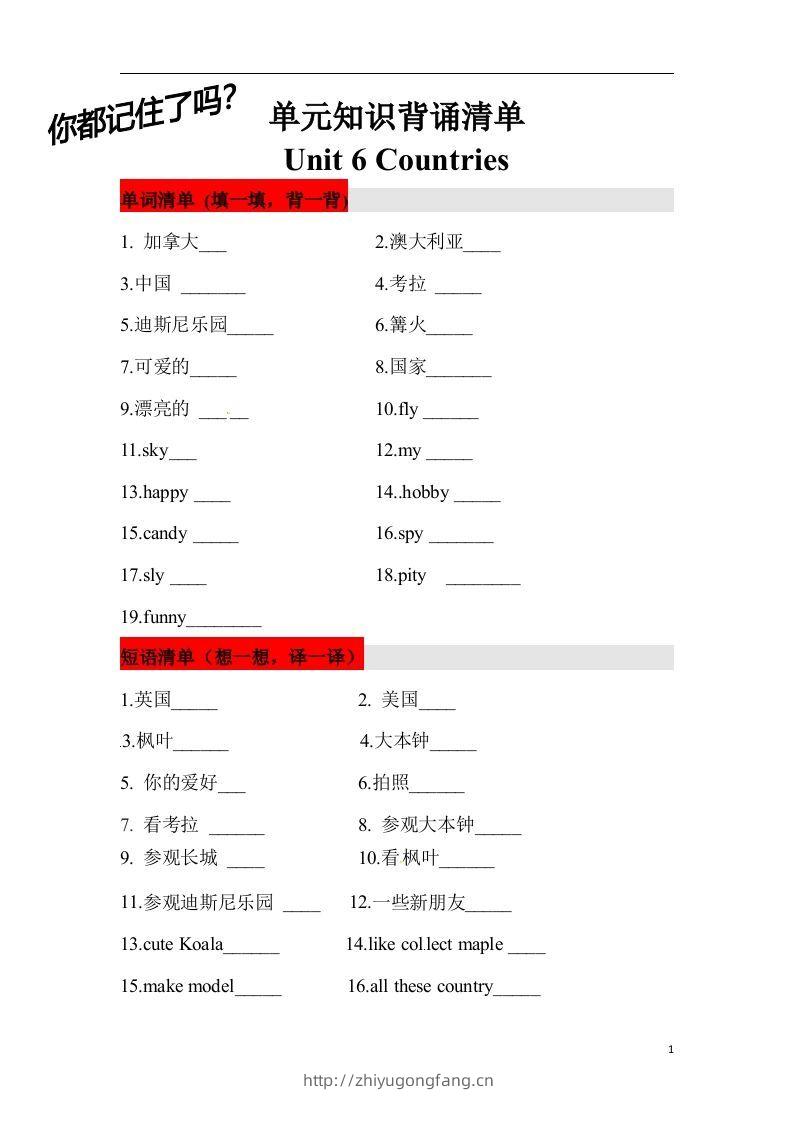 ❤四年级英语下册单元知识背诵清单Unit6Countries人教新起点（含答案）-学习资料站