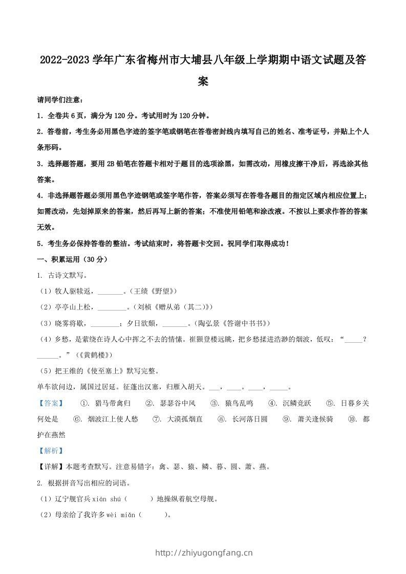 2022-2023学年广东省梅州市大埔县八年级上学期期中语文试题及答案(Word版)-学习资料站