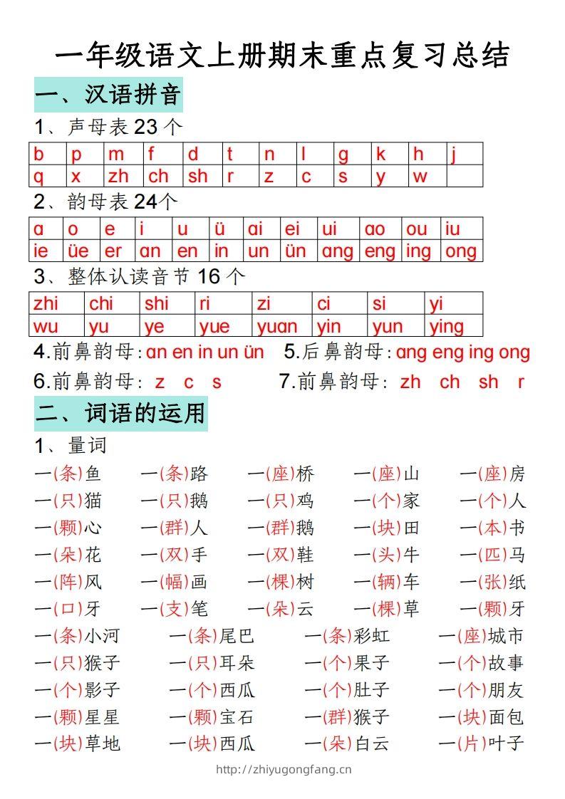 一年级语文上册期末重点复习总结-学习资料站