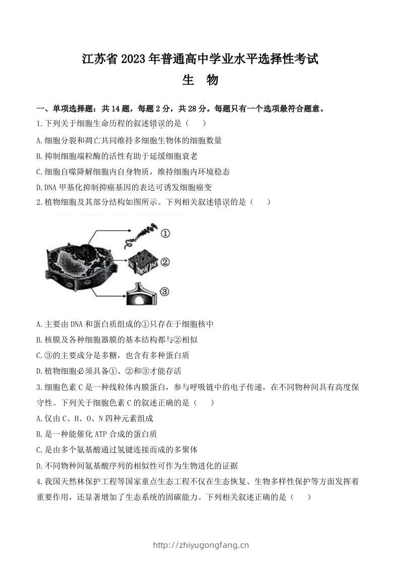 2023年高考生物试卷（江苏）（空白卷）-学习资料站
