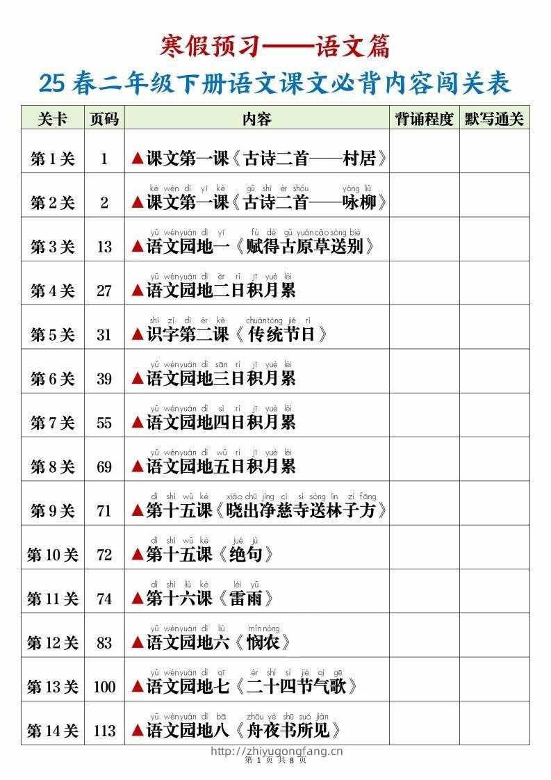 25春二下语文课文必背内容闯关表+默写8页-学习资料站