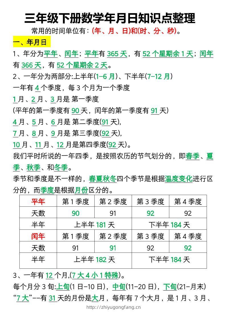 三下数学年月日知识点整理-学习资料站
