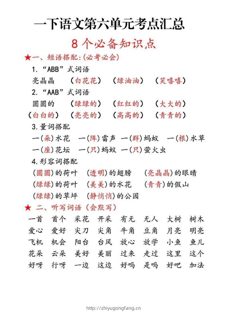 一下语文第六单元考点汇总-学习资料站
