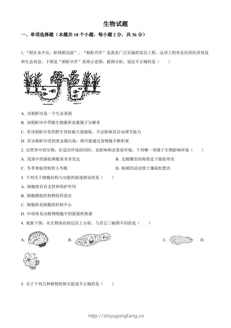 2023年湖北省十堰市生物中考真题（空白卷）-学习资料站