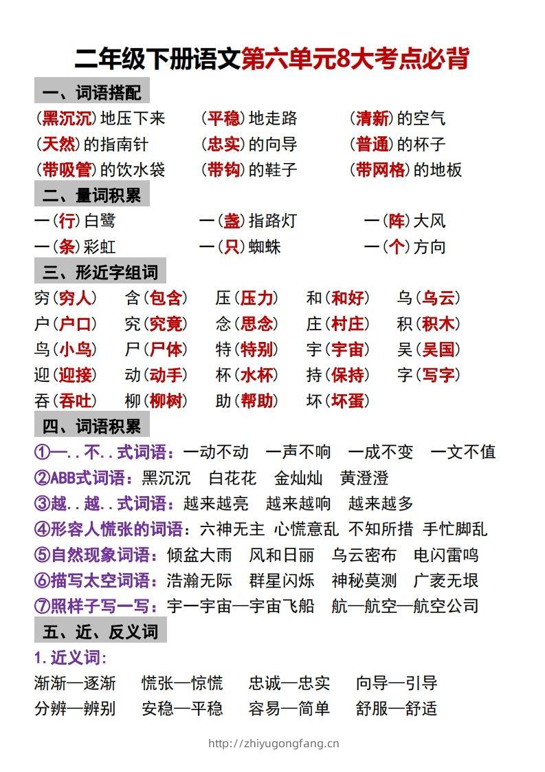 二年级下册语文第六单元8大考点必背-学习资料站