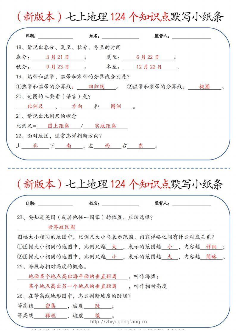 图片[3]-（新版本）七上地理124个知识点默写小纸条9.10答案-学习资料站