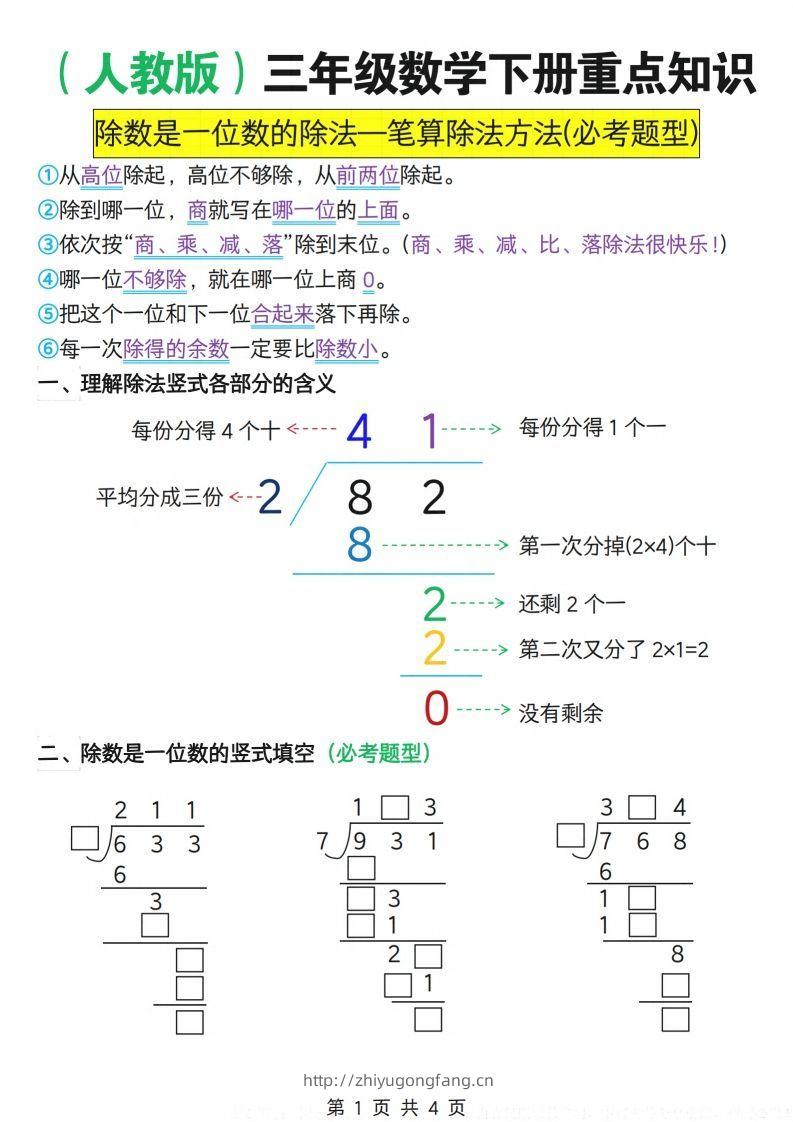 【专项】三下人教数学重点知识除数是一位数的除法—笔算除法方法(必考题型)-学习资料站