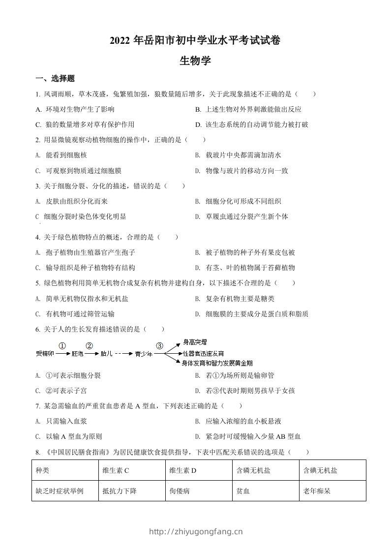 2022年湖南省岳阳市中考生物真题（空白卷）-学习资料站