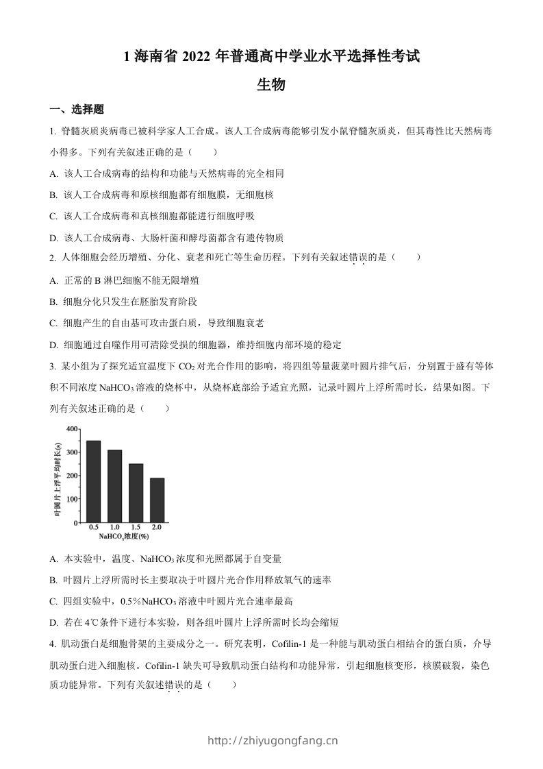 2022年高考生物真题（海南）（空白卷）-学习资料站
