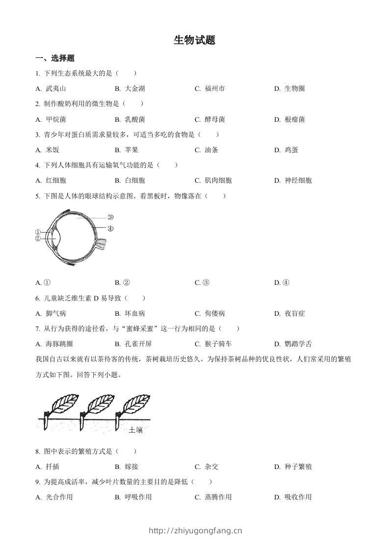 2023年福建省中考生物真题（空白卷）-学习资料站