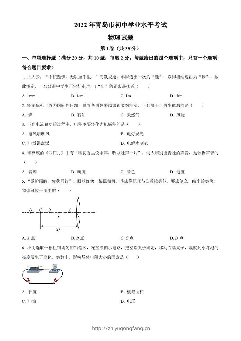 2022年山东省青岛市中考物理试题（空白卷）-学习资料站