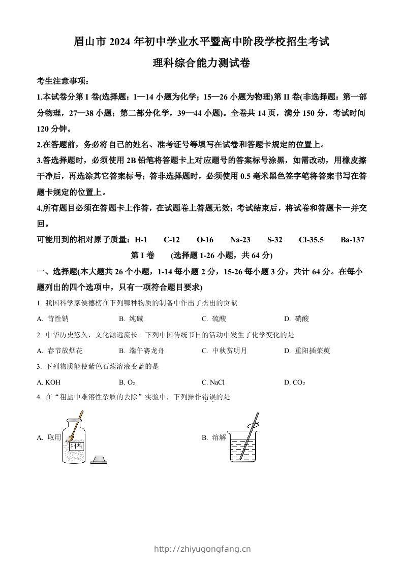 2024年四川省眉山市中考化学真题（空白卷）-学习资料站