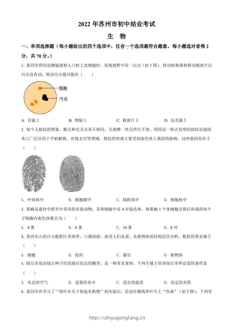 2022年江苏省苏州市中考生物真题（空白卷）-学习资料站