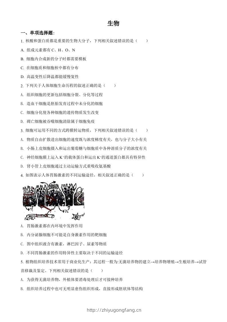 2021年高考生物试卷（江苏）（空白卷）-学习资料站
