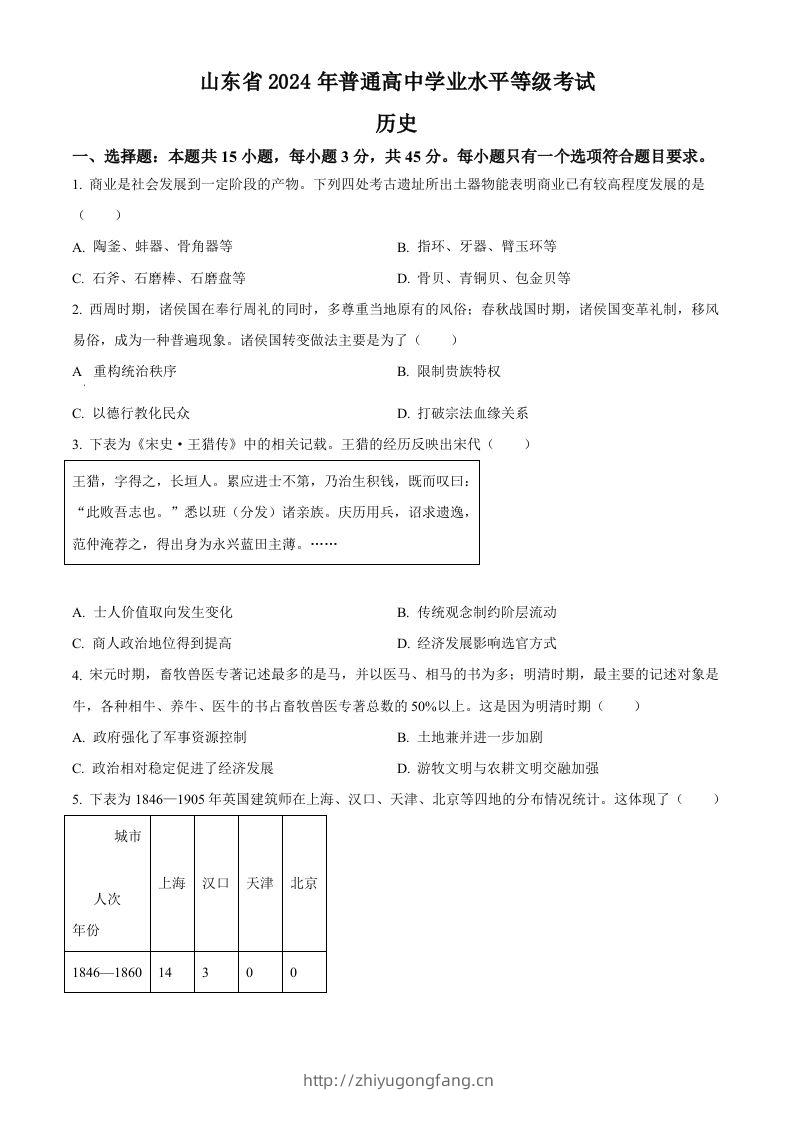 2024年高考历史试卷（山东）（空白卷）-学习资料站
