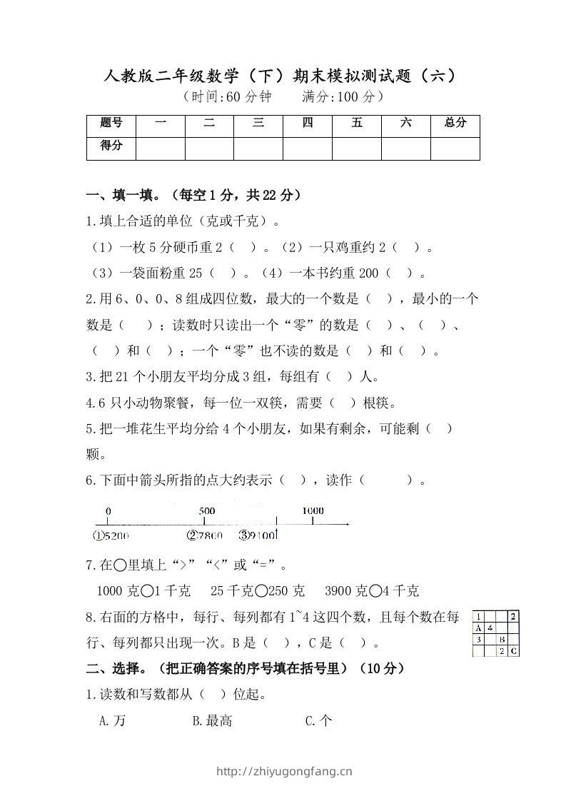 二年级数学下册试题-期末模拟测试题（六）人教版（含答案）-学习资料站